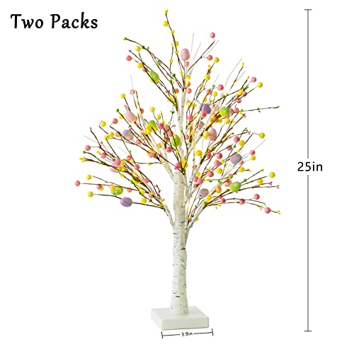 Ethlomoer Easter Decorations, 2 Pcs 25 Inch Pre-Lit Easter Egg Tree with Timer, Battery Powered Easter Birch Tree with 24 LED Lights, Easter Trees for Home Party Wedding Holiday Spring Decoration