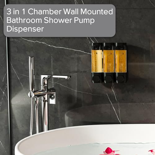3-Chamber Wall Mounted Shampoo and Conditioner Dispenser,300ML Each Shower Soap Dispenser,Easy Refill,No Drip,Ideal for Shampoo,Conditioner,Body Wash for Bathroom Kitchen Hotel