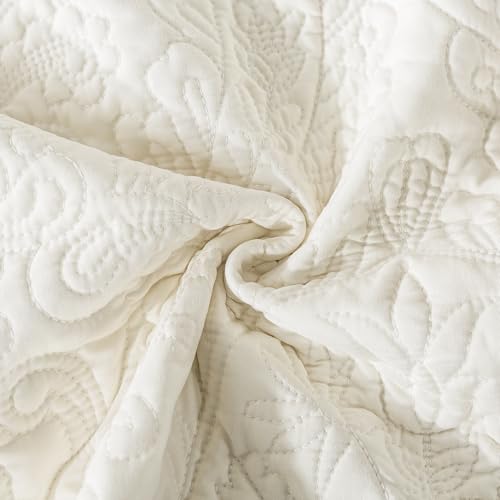 HoneiLife King Quilt Bedding Set - Velvet Quilt Sets 3-Pieces, Lightweight Bedspreads Solid Coverlets Retro Bed Cover Quilt King Size All Season Quilts, Nature White