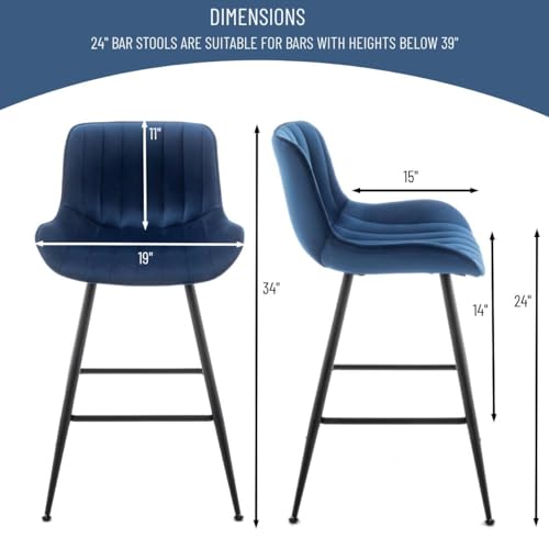 Whiterye Bar Stools Set of 2 - Luxury Bar Stools Counter Height Bar Stools 24 Inch Seat Height Upholstered Velvet Barstools Blue Bar Stools for Kitchen Island, Home Bar, Bar Pub (Blue).