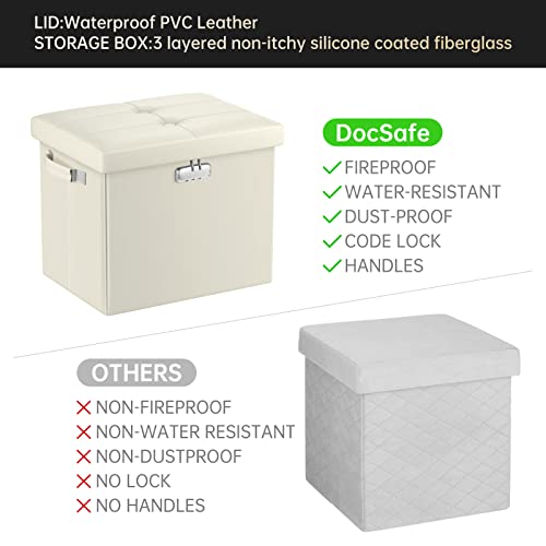 DocSafe Storage Ottoman with Lock,Fireproof&Waterproof 17 Inches Folding Storage Box with Handles Safe for Important Documents,Leather Storage Ottoman Storage Chest for Living Room,Bedroom,Beige