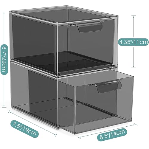 SpaceHacks Stackable Makeup Organizer and Storage, Acrylic Organizers,Clear Plastic Storage Drawer with Pull-Out Handles for Vanity, Undersink, Kitchen Cabinets, Pantry, Black