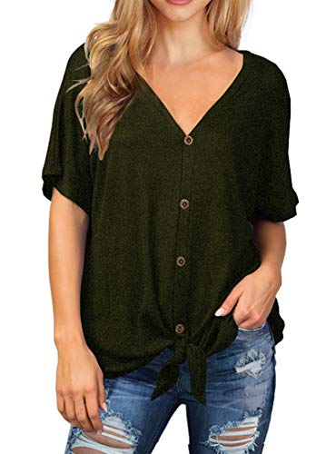 IWOLLENCE Womens Waffle Knit Tunic Blouse Tie Knot Short Sleeve Henley Tops Loose Fitting Bat Wing Shirts White, L