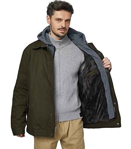 wantdo Men's Casual Winter Jacket Fleece Lined Work Jackets Warm Cargo Military Coat with Hood Army Green X-Large