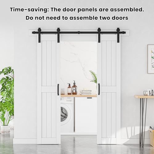 SmartStandard 84 x 84 in (Double 42x84 Door) White Barn Door with 14FT Sliding Hardware Kit & Handle, Pre-Drilled Ready to Assemble, Waterproof PVC Coating, H-Frame
