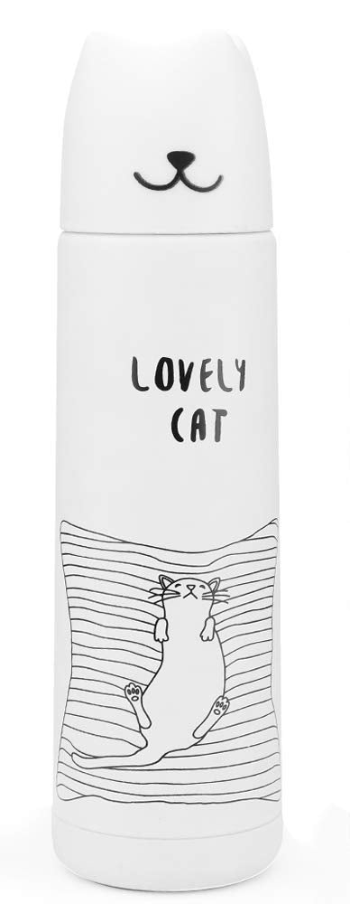 DIFFLIFE Cute Water Bottle For School, Vacuum Insulated Stainless Steel Thermos Mug,2019 New Cute Animals Insulation Bottle (White Cat) (YUNDA)
