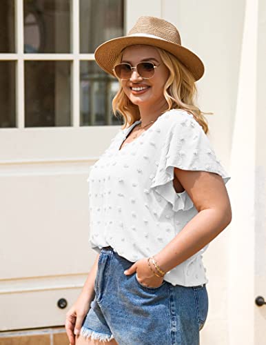 IN'VOLAND Womens Plus Size Blouse Ruffle Sleeve Flowy Tops Business Casual Swiss Dot Tunic V Neck Cute Summer Tee Blue 20W