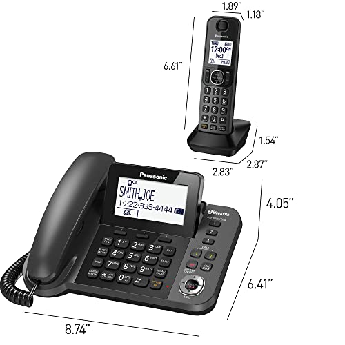 PANASONIC Bluetooth Corded / Cordless Phone System with Answering Machine, Enhanced Noise Reduction and One-Touch Call Block - 2 Handsets - KX-TGF382M (Metallic Black)