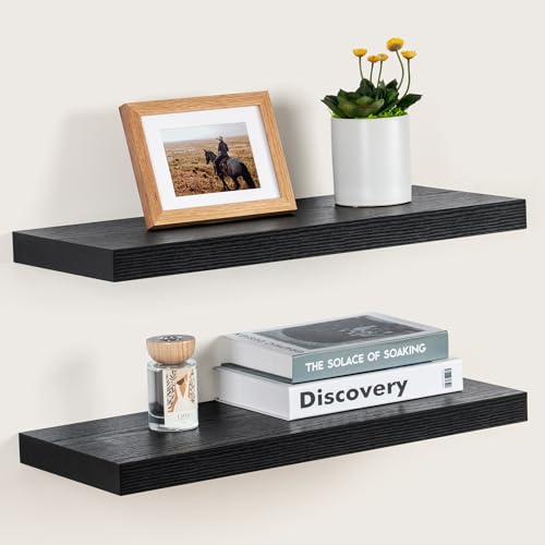 Fun Memories Deep Floating Shelves for Wall, 24W x 9.3D Black Floating Shelves Set of 2, 9.3" Deep Large Wood Shelves for Living Room Bathroom Laundry Room Bedroom Kitchen Home Office - Black