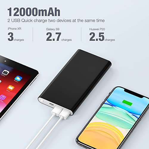 EnergyCell Pilot 4GS Portable Charger 12000mAh Fast Charging Power Bank Dual 3A High-Speed Output Battery Pack Compatible with iPhon14 13 12 11 Samsung S10 and More(Charging Cable Included (Black)