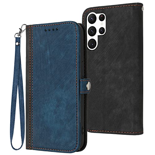 Mavis's Diary Flip Cover Compatible with Samsung Galaxy S23 Ultra 5G Case Wallet, Double Color PU Leather Folio Magnetic Case with Card Holder Lanyard, Full Body Protection Phone Case (Blue)