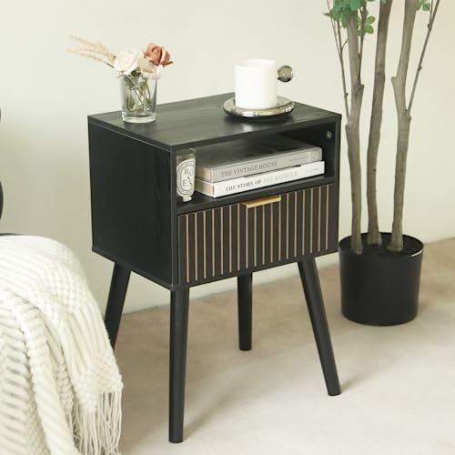 MaxSmeo Black Nightstand with Drawer, Mid Century Modern Bedside Table with Open Shelf Storage, End Table with Solid Wood Legs, Black