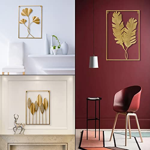 YZDTECH Large Gold Metal Wall Decor, 24" X 16" Golden Leaf Wall Hanging Decor with Frame, Wall Ornaments, Golden Metal Art Wall Sculpture for Living Room, Office, Home, Hotel