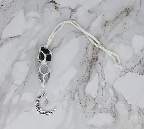 BOHO GARDEN Hanging Car Charm - Black Tourmaline & Carnelian - Dangling Moon, Healing Crystal Accessories, Rearview Mirror Decorations - Grounding, Confidence, Protection, Transformation, Joy, Energy