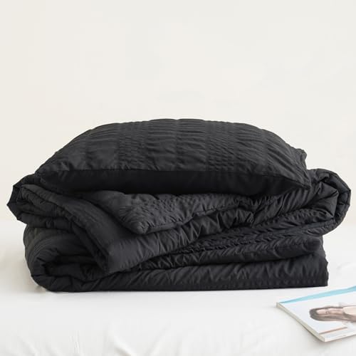 PHF Seersucker Black Twin Size Comforter Set, 2 Pieces Summer Lightweight Soft Fluffy Bedding Set, Boho Strip Comy Down Alternative Cooling Comforter with 1 Pillowcase, 68" x 90", Black