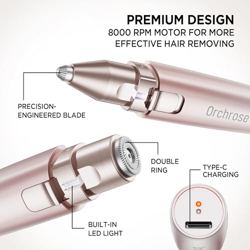 Orchrose Facial Hair Remover Eyebrow Trimmer: Portable Rechargeable 2 in 1 Face Shaver for Women - Painless Electric Hair Removal Device for Face Eyebrows Peach Fuzz Lips with Light (Gradient Pink)