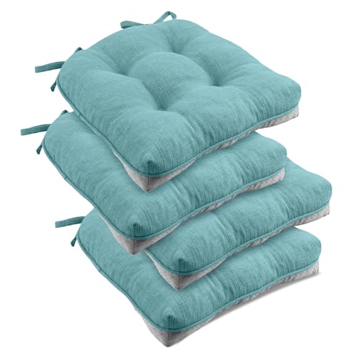 downluxe Indoor Chair Cushions for Dining Chairs, Tufted Overstuffed Textured Memory Foam Kitchen Chair Pads with Ties and Non-Slip Backing, 15.5" x 15.5" x 4", Navy, 4 Pack