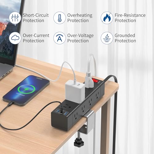 Fast Charging PD 20W USB C Desk Clamp Power Strip,Fararaka Surge Protector Power Strip with 3USB Ports/12 AC,6FT Extension Cord with Multiple Outlets Removable Mountable Fits 1.8" Tabletop Edge