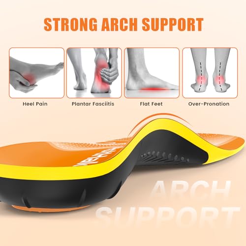 BestHalo Plantar Fasciitis Insoles - High Arch Support Inserts, Gel Cushion, Relief for Flat Feet - 220+ lbs Orthotics Insoles Ideal for Work Boots (Orange, Men 7-8.5 | Women 8-9.5)