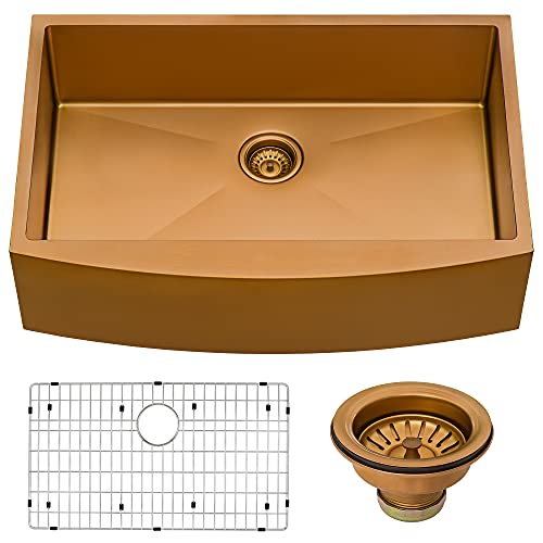 Ruvati Copper Tone 30-inch Apron-Front Farmhouse Kitchen Sink - Matte Bronze Stainless Steel Single Bowl - RVH9660CP