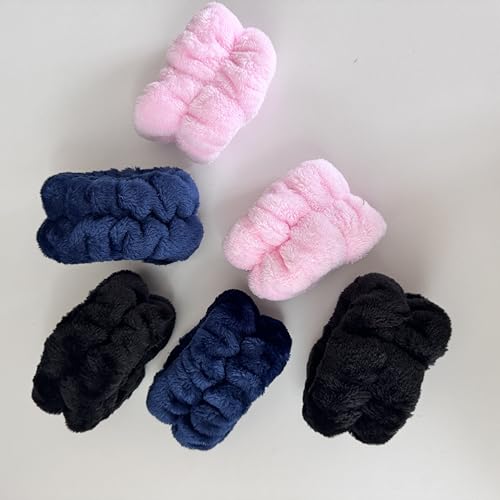 Generic spa headband for women and girls. Bubble skin care headband, makeup hair band set with wristbands, and a fluffy hair claw for face cleaning. (Black)
