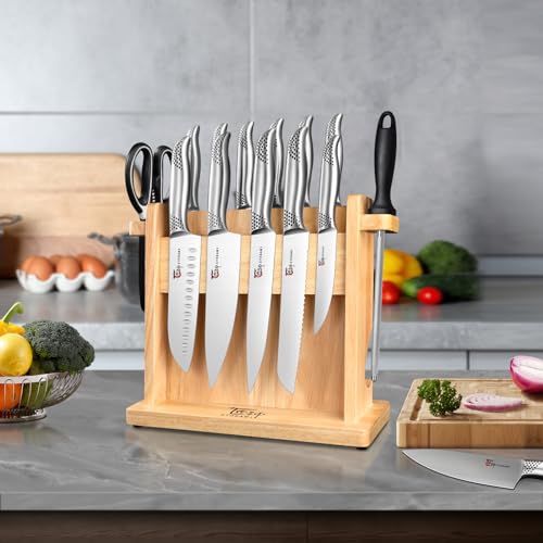 SYOKAMI Knife Block Set, 14 Pieces Japanese Style Knife Set With Magnetic Holder, High Carbon Stainless Steel Ultra Sharp Knives With Ergonomic Handle, Including Sharpener And Shears, Black Dot