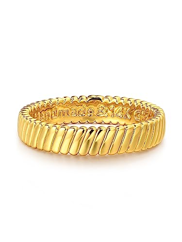 GNIRTSI Gold Flat Ribbed Ring for Women 14K Gold Plated Minimalist Stack 4MM Wide Band Finger Jewelry Size 6