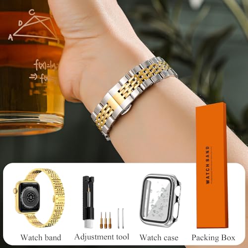 CSJCUBIC Thin Women Band Compatible with Apple Watch 38mm 40mm 41mmm 42mm 44mm 45mm with Face Cover, Stainless Steel for Metal iwatch Band Series 9 8 7 6 5 4 3 2 1 SE. (38mm, Gold)