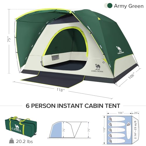 CAMEL CROWN Tents for Camping, 3/4/5/6 Person Waterproof Tent Skydome Camping Tent Easy Setup Backpacking Family Tents with Floor Mats and Attached Porch for Outdoor Hiking