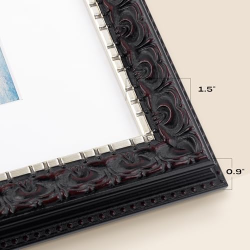 Golden State Art, 11x14 Photo Frame with White Mat for 8x10 Picture & Real Glass for Wall Display - Home or Office Classic Design (Black Silver Burgundy with Ornate Molding)
