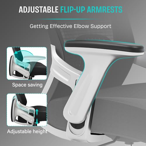 Ergonomic Office Desk Chair, Mesh Computer Gaming Chair with Adjustable Flip-Up Arms, Lumbar Support, Tilt Function, Comfy Wide Seat, Swivel Wheel, Sturdy Big and Tall Task Chairs for Adults Students