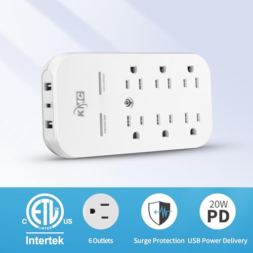 KMC 6-Outlet Extender USB-C PD Surge Protector Wall Tap, Multi-Plug USB Wall Charger, 2 USB-A Ports & USB-C 20W Power Delivery, High-Speed Phone Charger, 980J Surge Protection, UL/ETL Certified, White