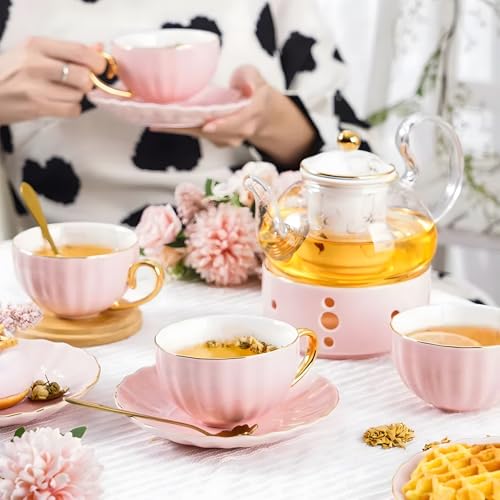 ICHAG Tea Cups and Saucers Set, Tea Cup Set, Cappuccino Cup, 7oz Vintage Porcelain Teacup and Saucer Set with Golden Spoon, Latte Cups, Coffee Cup Set for Women's Tea Party, Home Office Gifts (1pc)