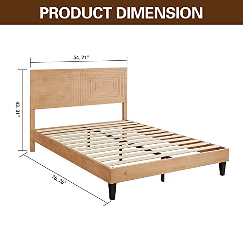 MUSEHOMEINC Solid Wood Full Size Bed Frame with Adjustable Height Headboard, Mid Century Modern Style, Mattress Foundation with Wooden Slat Support,No Box Spring Needed,Easy Assembly (Full)