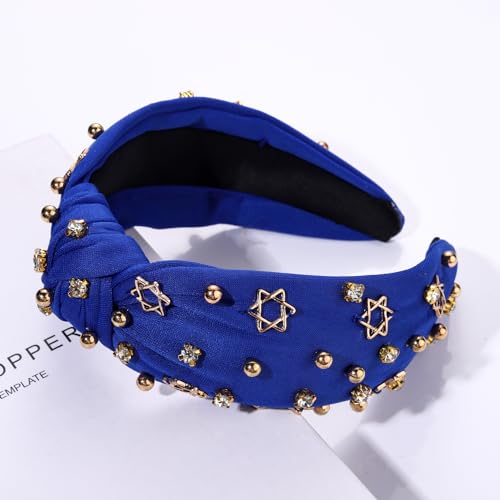Star Headband for Women Rhinestone Crystal Jeweled Knotted Headband Wide Top Knot Star Of David Hanukkah Headband Fashion Ladies Hanukkah Christmas New Year Party Head Band Hair Accessories Gift