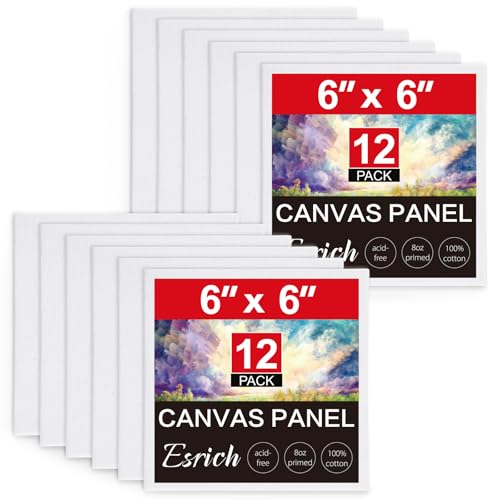 ESRICH Small Canvases for Painting 6x6 inch, 12 Pack Canvas Boards Cotton Painting Canvas Primed Acid Free Mini Blank Canvas Panels for Oil Paint,Watercolor,Acrylic Paint,Gouache&Tempera.
