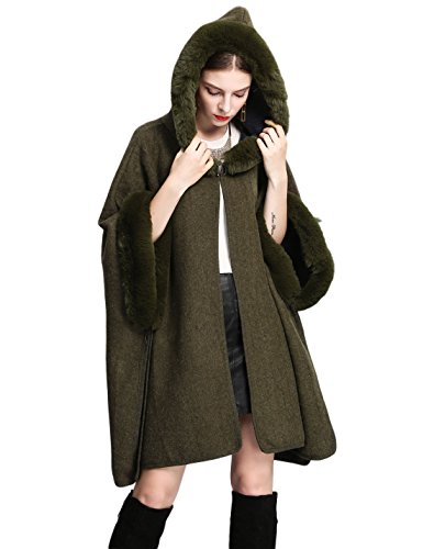Gihuo Women's Luxury Batwing Sleeve Faux Fur Trim Hooded Cloak Poncho Winter Warm Wool Cape Cardigan Coat (One Size, Army Green)