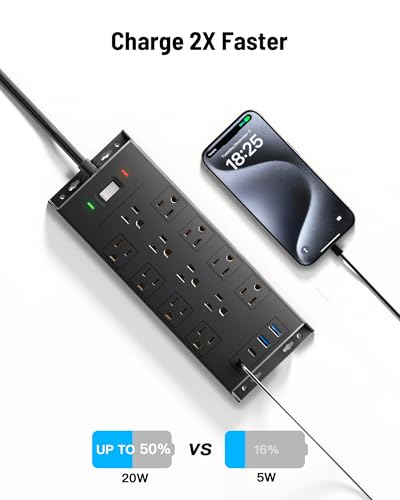 Surge Protector Power Strip 4800J - LeZone Flat Plug Extension Cord 5Ft, 12 Outlets 2 USB C 2 USB Ports, Wall Mountable, 20W Desk Charging Station, Black