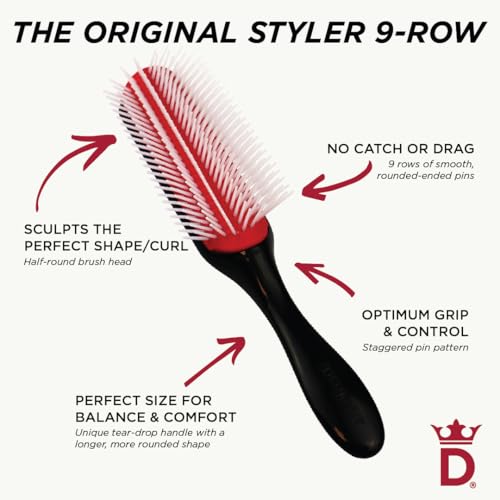 Denman Original Curl Definer & Styler 9 Row Hairbrush for Detangling, Separating, and Defining Longer Curls, Curly Hairbrush - Black