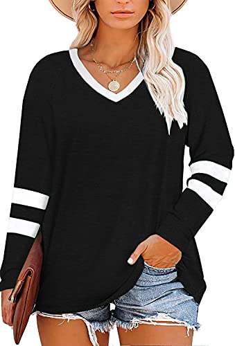 Haloumoning Women's Plus Size Tops Striped Long Sleeve V neck T Shirts Color Block Casual Tunics Tee Shirt B-navy Blue