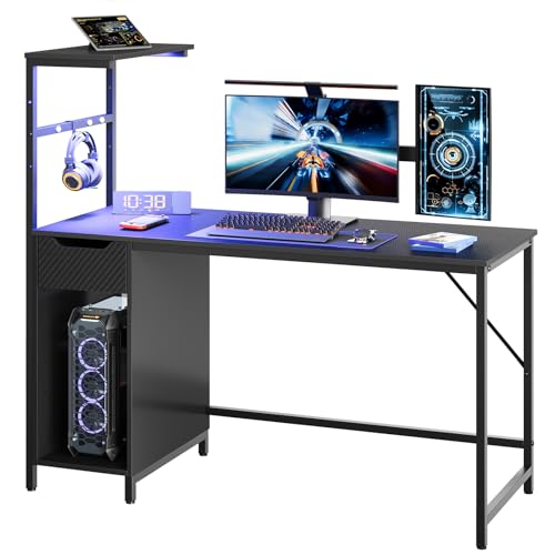 Bestier Gaming Desk with Drawer and LED Lights, 48 inch Computer Desk PC Table with Adjustable Storage Shelves & Hook for Home Office, Carbon Fiber Black