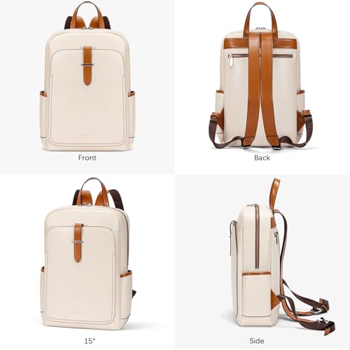 BOSTANTEN Leather Laptop Backpack for Women,15.6 inch Computer Backpack Purse College Daypack Work Travel Bag Beige-White