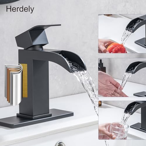 Brushed Nickel Waterfall Bathroom Faucets, High-Flow Bathroom Faucets 1 Hole, Single Handle Bathroom Sink Faucet, Modern Vanity Faucet with Pop Up Drain and Water Supply Lines