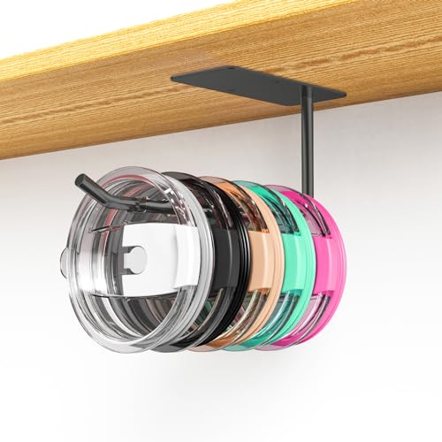 CUXIXA Tumbler Lid Organizer, Stainless Steel Tumbler Lid Holder Under Cabinet, Self Adhesive or Drilling Tumbler Lid Storage Hook, Cup Lid Organizer Wall Mount for Kitchen Cabinet (1, Black)