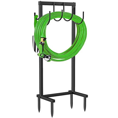 TomCare Garden Hose Holder Water Hose Holder with 4 Spikes Freestanding Garden Hose Stand Hose Storage Sturdy Hose Hanger Hose Reel Heavy Duty 6 Hooks Hose Organizer Holder for Outside, Black