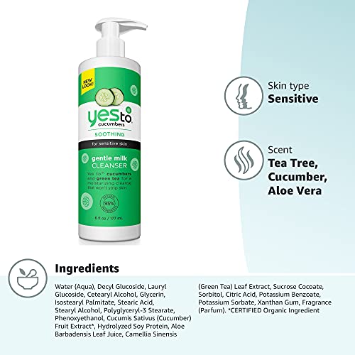 Yes To Cucumbers Gentle Milk Cleanser, 6 Fl Oz, Soothing Face Wash That Won't Strip Skin, Formulated with Cucumber, Aloe, Green Tea, and Soy Proteins