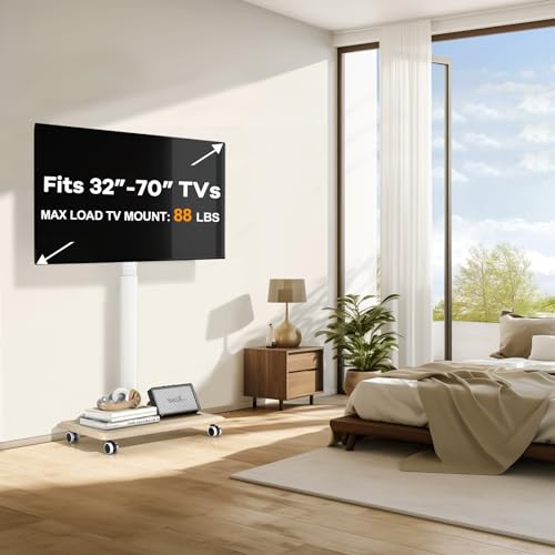 TVON Rolling TV Stand for 32 to 65 70 Inch TVs, Elegant Floor TV Stand with Wheels, Mobile TV Stand with 9 Levels of Height Adjustment for Optimal Viewing, White TV Stands for Living Room, Outdoor