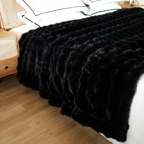 Moenchy Faux Fur Black Throw Blacket for Couch - Super Soft Heavy Flufyy Thick Bubble Throw Blankets for Bed Bedroom Living Room Farmhouse Sofa Chair Fall Winter Warm, 50x60 Inch