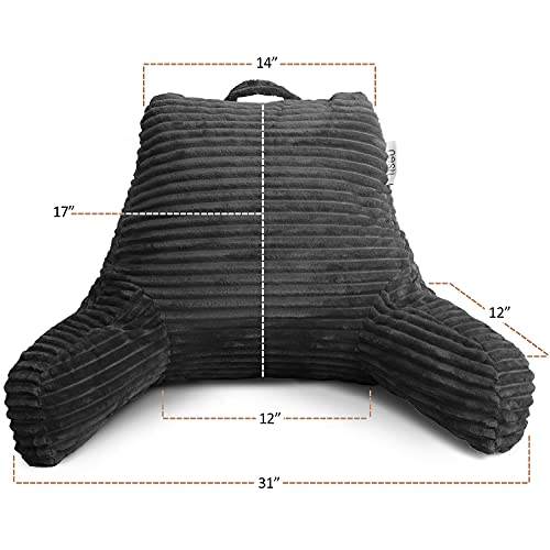Nestl Reading Pillow for Bed Adult – Back Pillow for Sitting in Bed, Standard Plush Bed Pillows for Sitting Up in Bed, Shredded Memory Foam Bed Chair Pillow with Arms and Pockets, Grey Bed Rest Pillow