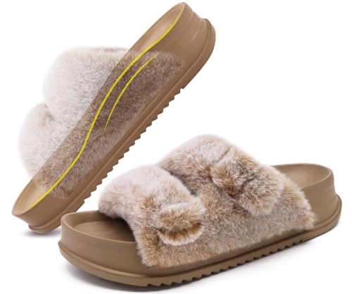 KuaiLu Women's Fluff Slippers Beige, Plantar Fasciitis Arch Support Platform Slippers Ladies Fashion Open Toe Faux Fur Sliders House Slipper